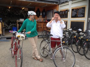 So, we are cycling SF today. Once Dom has struggled with his head gear.